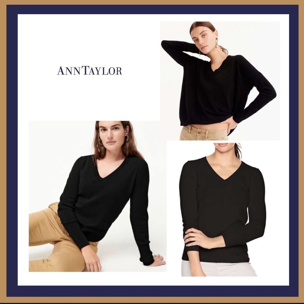 NWT Ann Taylor 100% Cashmere Relaxed V-Neck Sweater in Black Size S